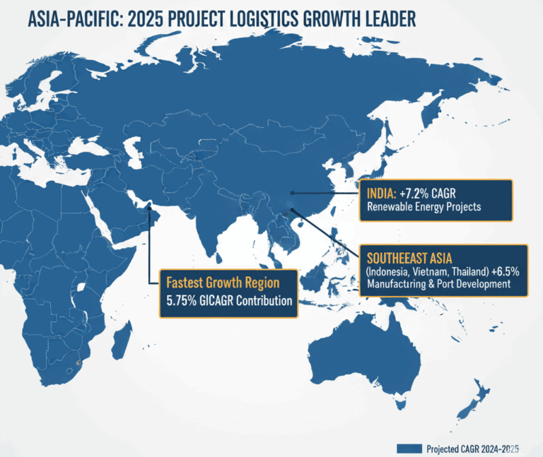 Regional map highlighting Asia-Pacific as largest project logistics market share holder in 2025