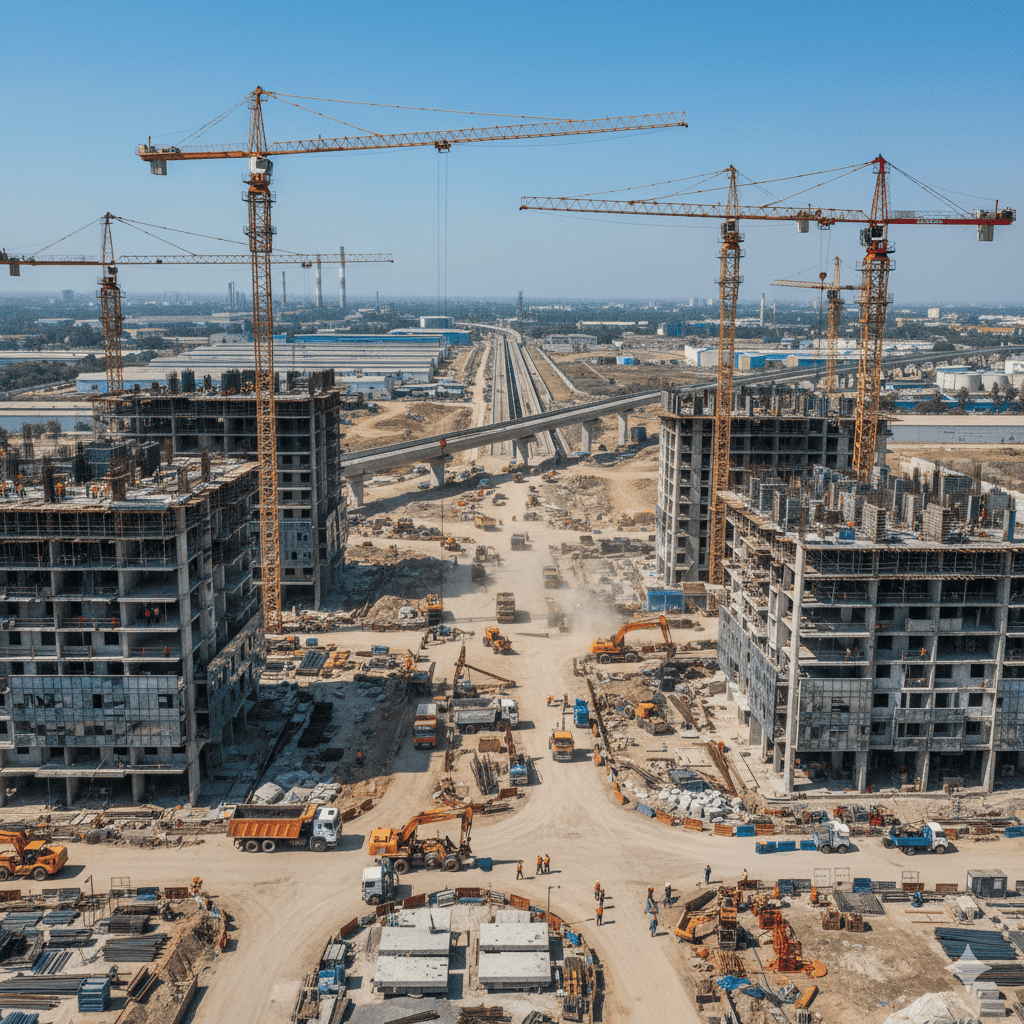 A busy construction site with multiple cranes lifting heavy materials under clear sky, showing modern heavy lifting technology.