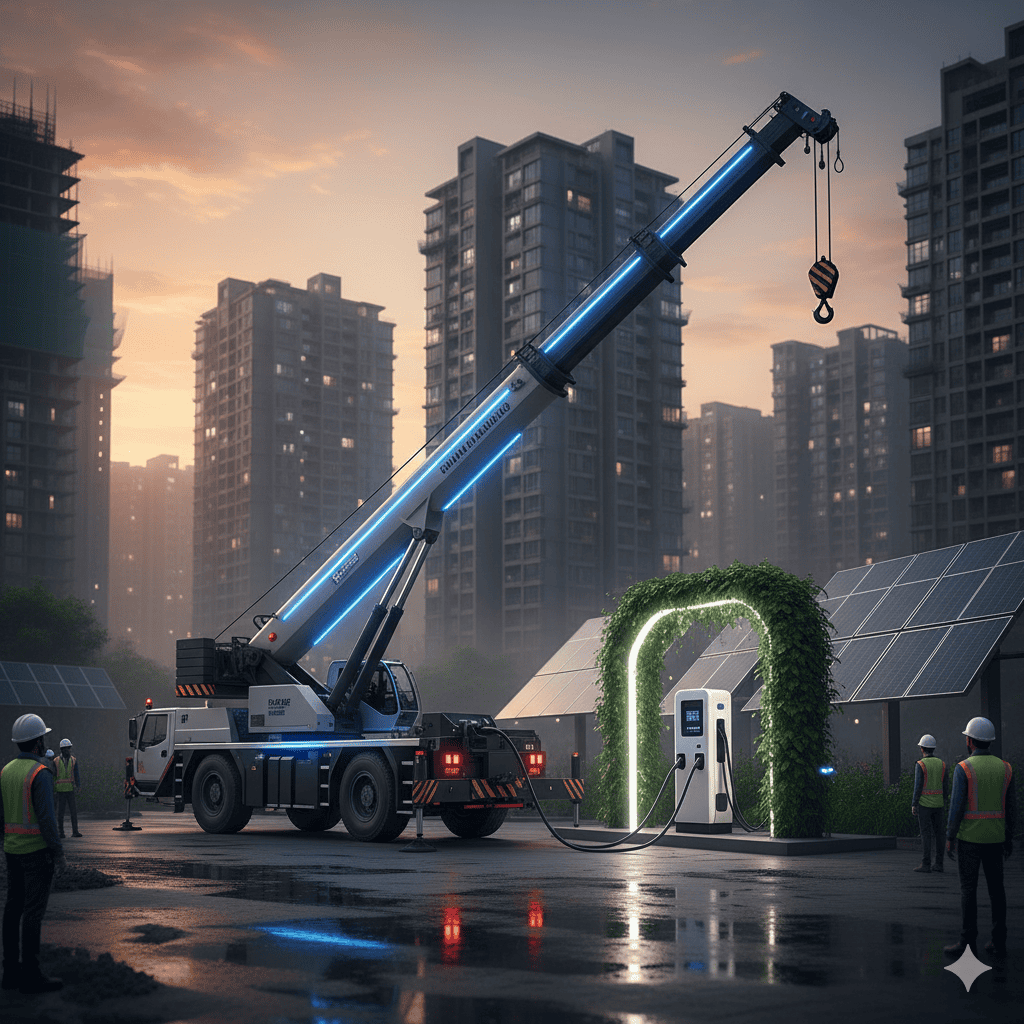 Electric crane charging station at dusk with eco-friendly urban construction setting and green elements.