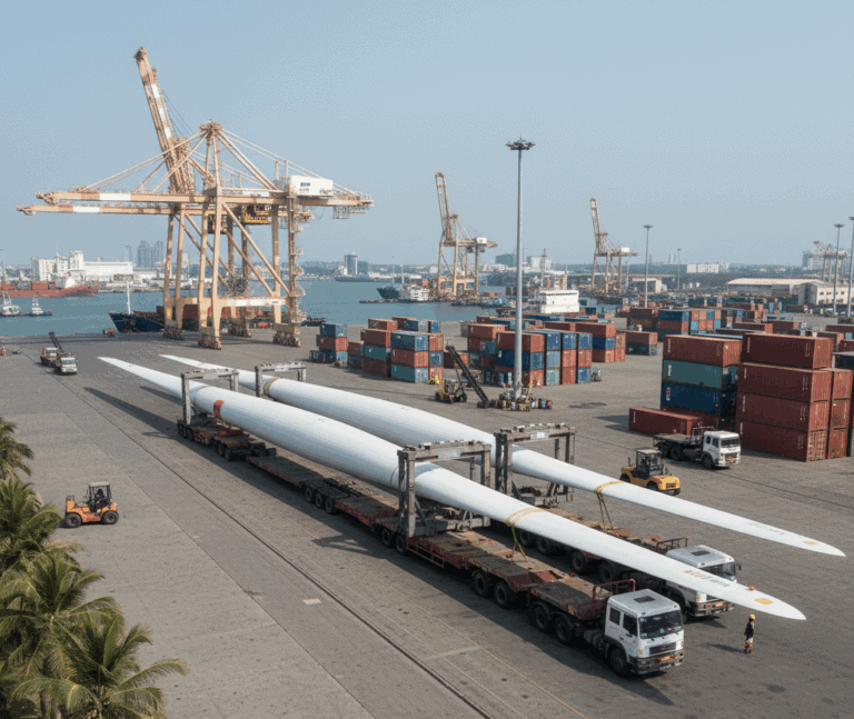 Wind turbine blades transported by heavy freight truck at Indian industrial port