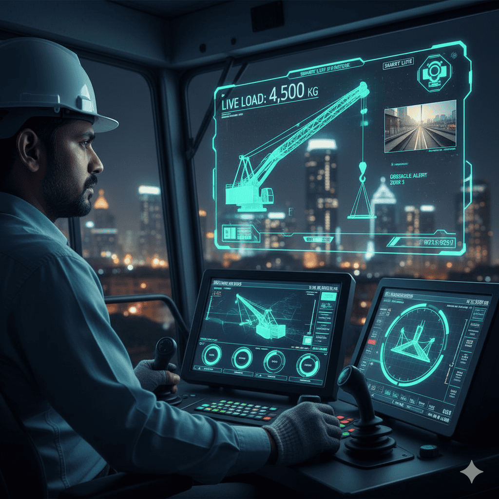 Crane operator using digital control panel with real-time load monitoring and AI-assisted lift controls.