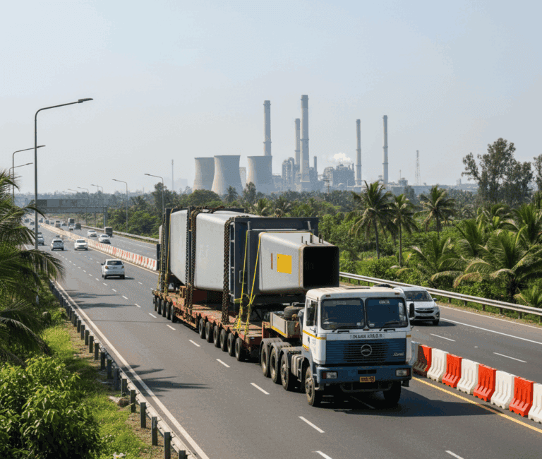 Heavy truck transporting oversized construction cargo on an Indian highway without logos