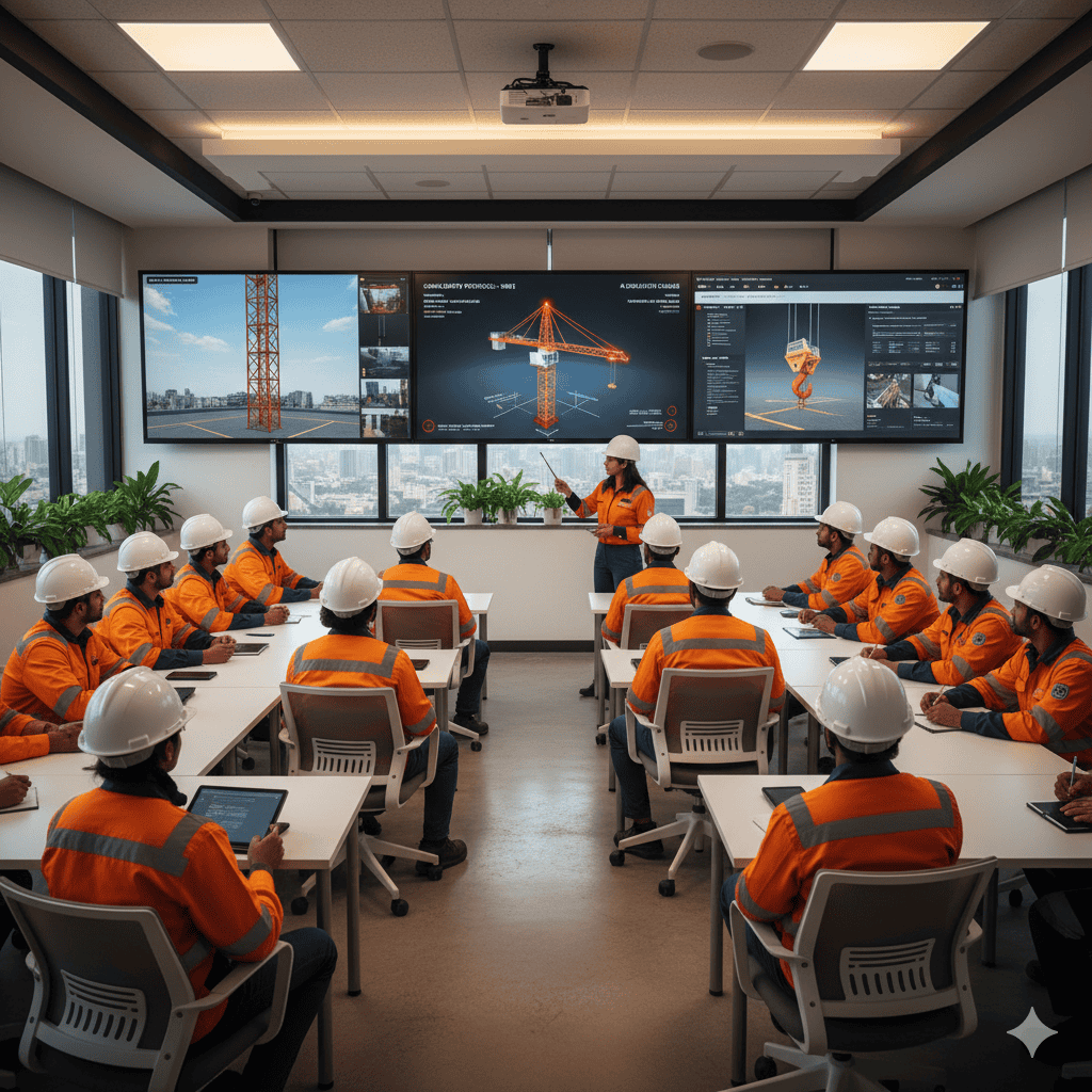 Group of trained crane operators in safety gear attending a modern technical training session.